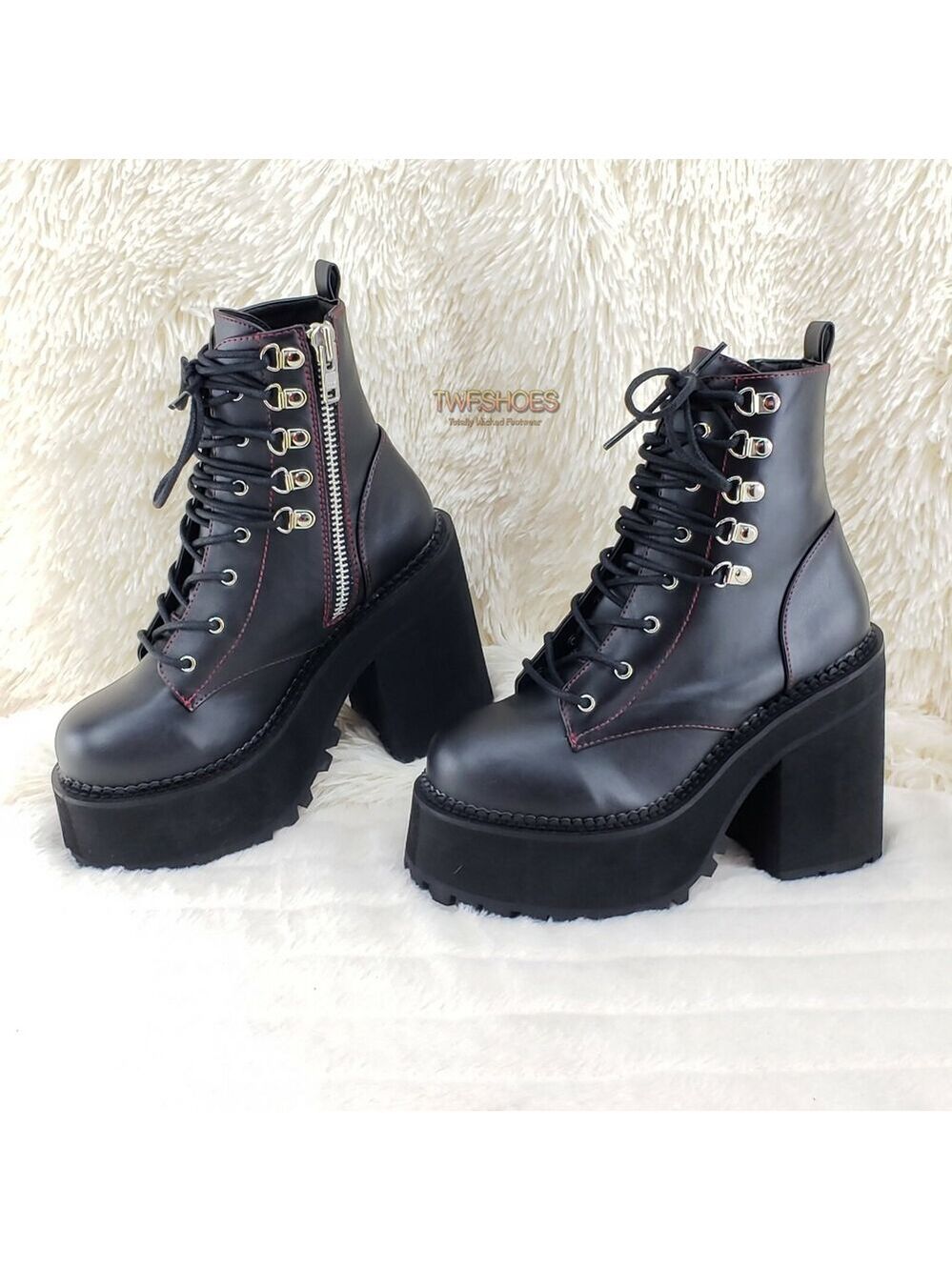 NIB DEMONIA Assault 100 Gothic Punk Heel Cleat Platform Red Stitch Ankle Boot NY